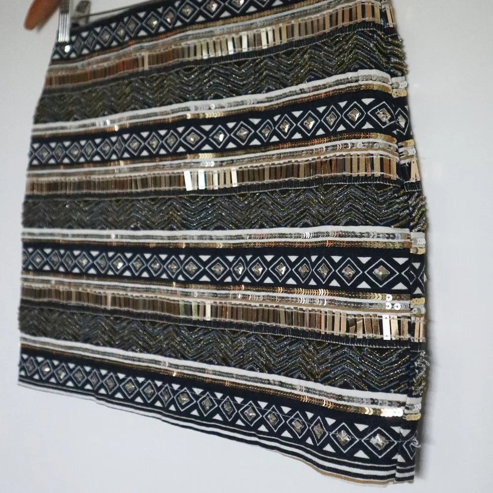 Navy, White, and Gold Sequined and Beaded Striped Mini Skirt - Picture 2 of 10